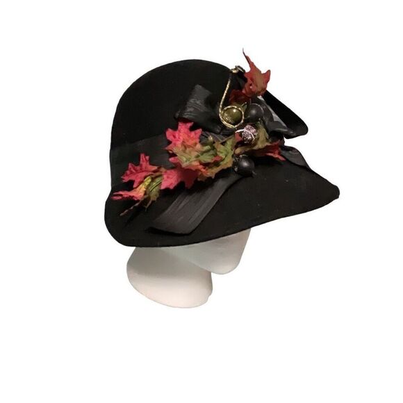 Halo Hats Womens Vintage Black Felt Ribbon Band Fall Leaves Gatsby Hat